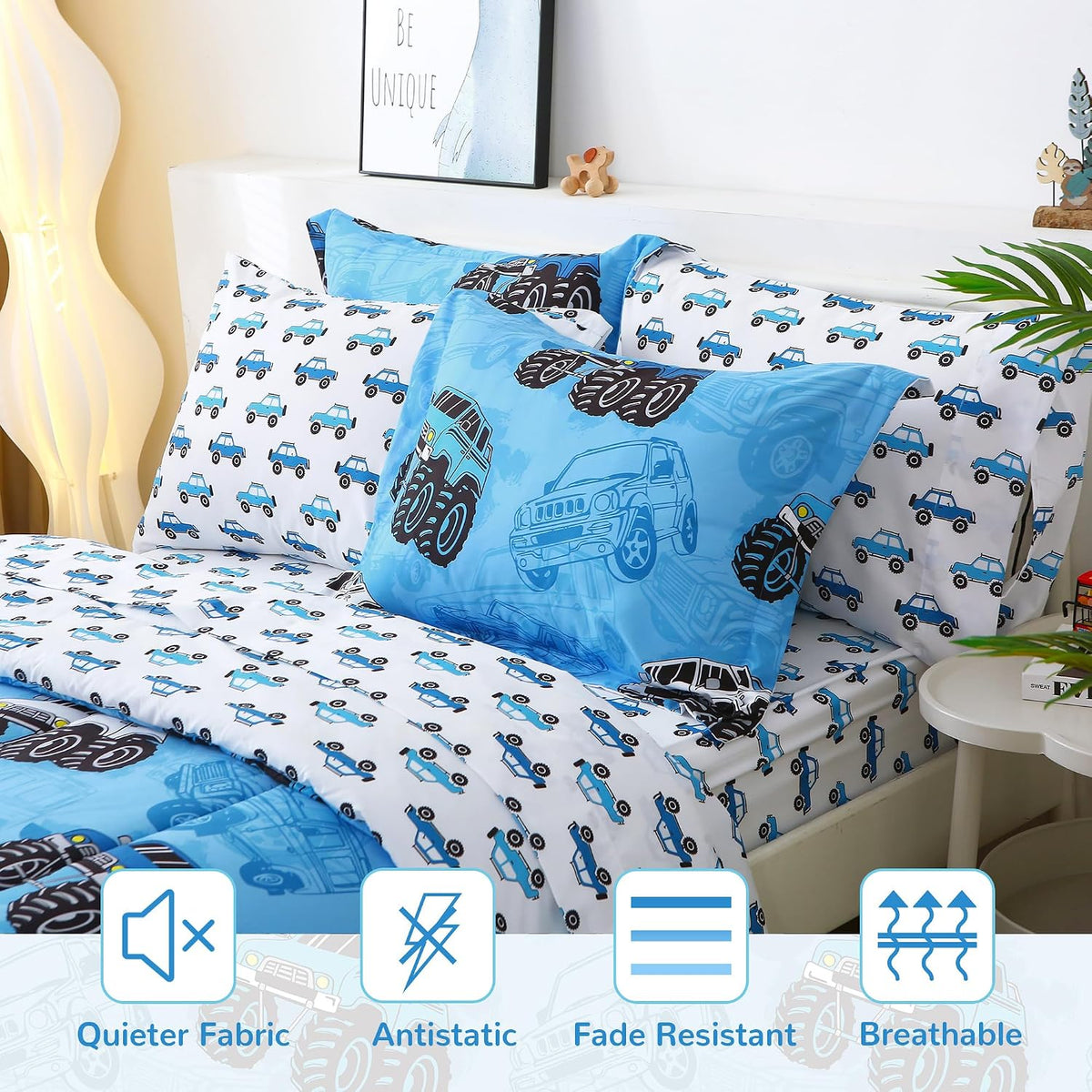 Mooreeke Kids Twin Comforter Sets for Boys 6 Pieces Truck Blue Bedding Set for Teens Soft Microfiber Kids Bed in A Bag with Comforter, Sheet Set, Shams and Decorative Toy Pillow All Season