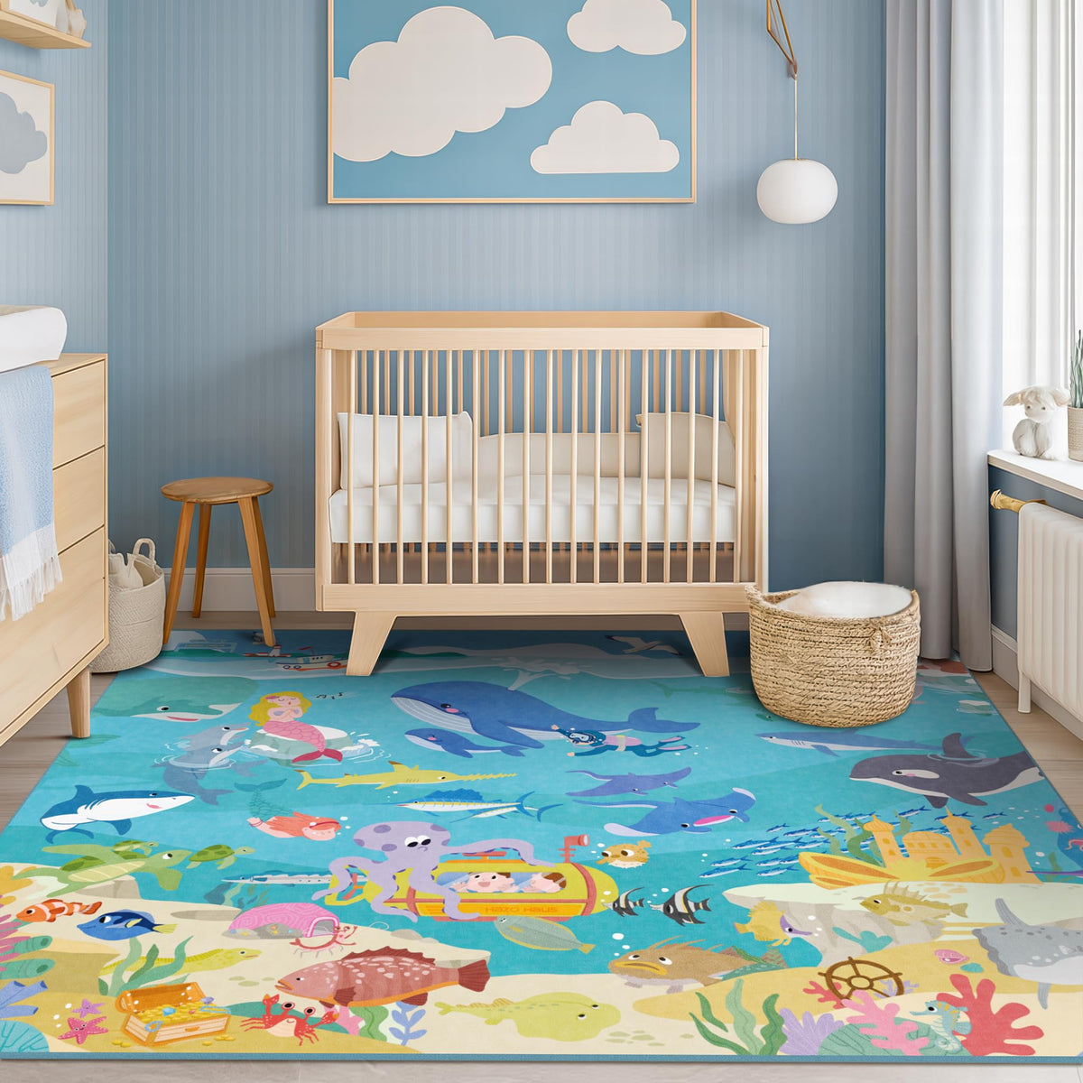 Hazo Haus Washable Kids Playroom Rug – 5x7 Play Rug for Preschool Toddlers, Girls, Educational with Cute Animals – Non-Slip, Stain Resistant, Soft & Safe for Bedroom, Play Room and Classroom - Blue