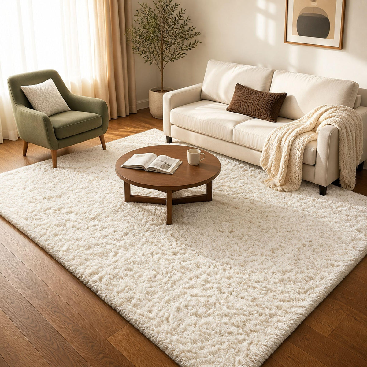 Ophanie Round Rugs 5Ft Ivory Circle Area Rug,Baby Nursery Living Room Bedroom Decor Circular Carpet 5 Foot,Fluffy Fuzzy Shag Plush Cream for Kids Boys Girls Teen with Over 99 pcs Pile fibers