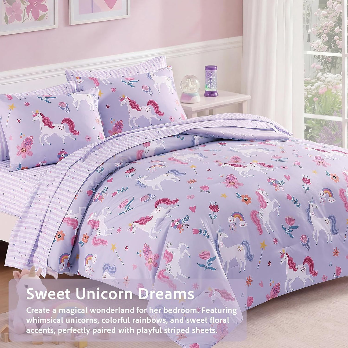 Twin Comforter Set for Girls - 5 Pieces Unicorn Bedding Twin Bed in a Bag