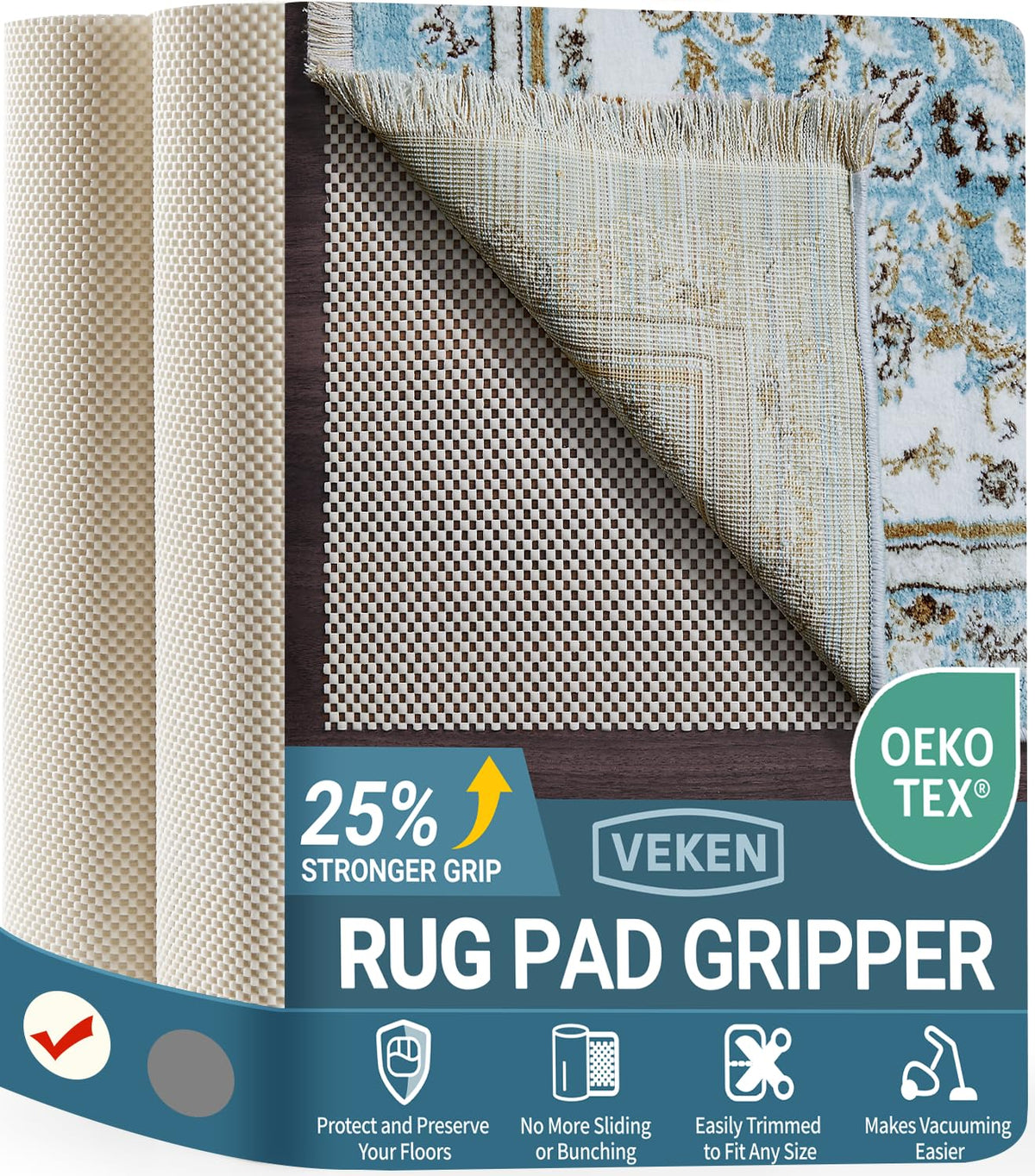 Veken Non Slip Rug Pad Gripper for Hardwood Floors, Strong Anti Slip and Skid Mat, Keep Rugs Safe and in Place for Tile, Carpet Liner Grippers Under Area Rugs, 2x3 Ft Pads