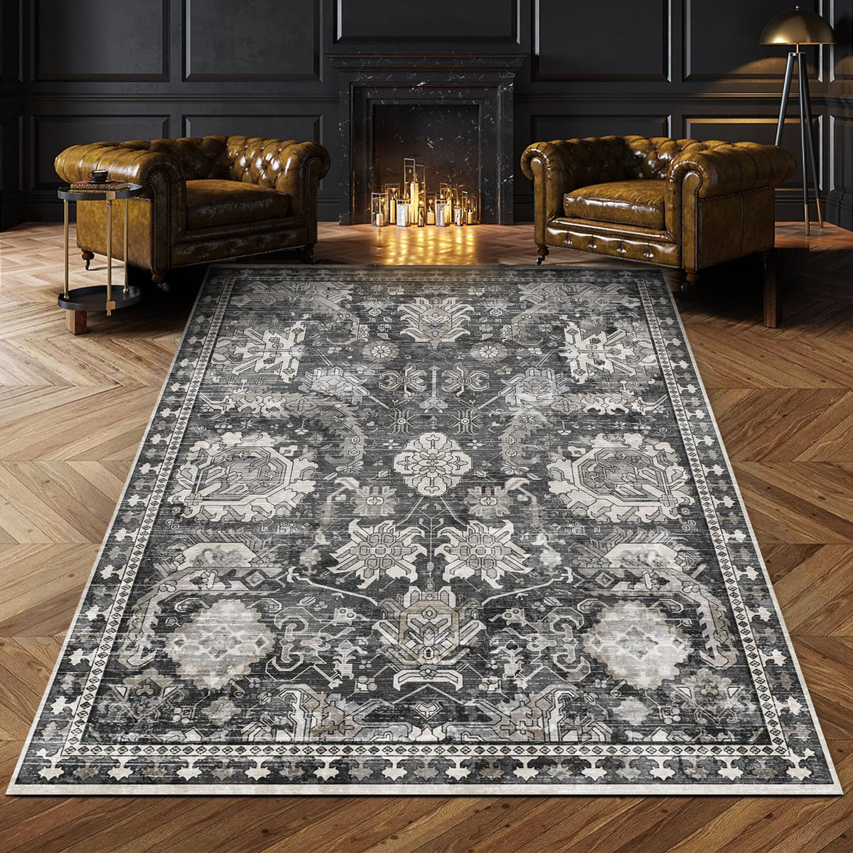 RUGSURE Washable Area Rug - 1/6 Thick - Stain & Water Resistant Non-Slip - Resistant Rug for Living Room, Bedroom, Nursery, Pet & Child Friendly, Vintage Charm Area Rugs (Grey+LightTeal, 3' x 5 ')
