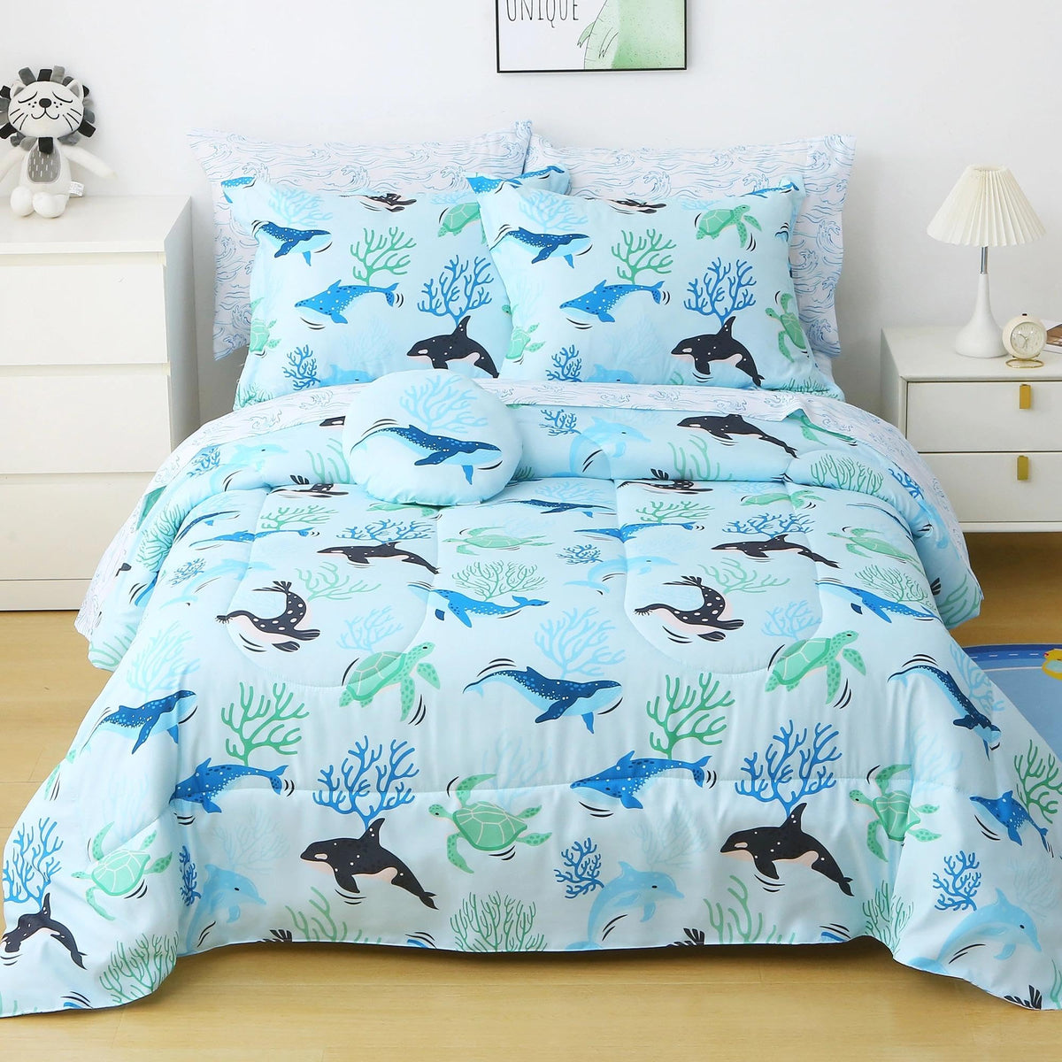Mooreeke Kids Twin Comforter Sets for Boys 6 Pieces Truck Blue Bedding Set for Teens Soft Microfiber Kids Bed in A Bag with Comforter, Sheet Set, Shams and Decorative Toy Pillow All Season