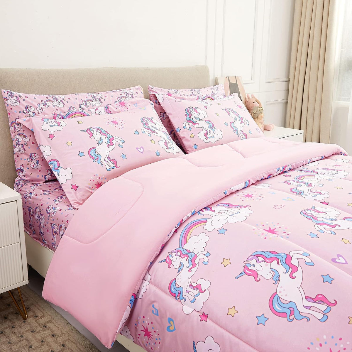 Mooreeke Kids Twin Comforter Sets for Girls 6 Pieces Pink Unicorn Bedding Set for Teens Soft Microfiber Kids Bed in A Bag with Comforter, Sheet Set, Shams and Decorative Toy Pillow All Season