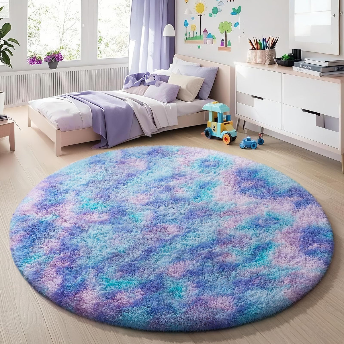 Ophanie Round Rugs 5Ft Ivory Circle Area Rug,Baby Nursery Living Room Bedroom Decor Circular Carpet 5 Foot,Fluffy Fuzzy Shag Plush Cream for Kids Boys Girls Teen with Over 99 pcs Pile fibers