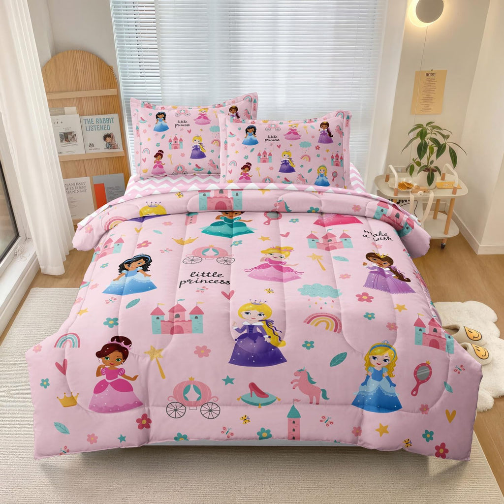 Kids Girls Princess Comforter Set, Twin Size, Pink