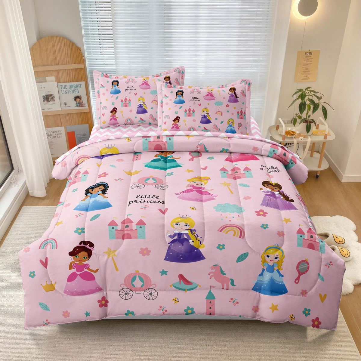 Kids Girls Princess Comforter Set, Twin Size, Pink