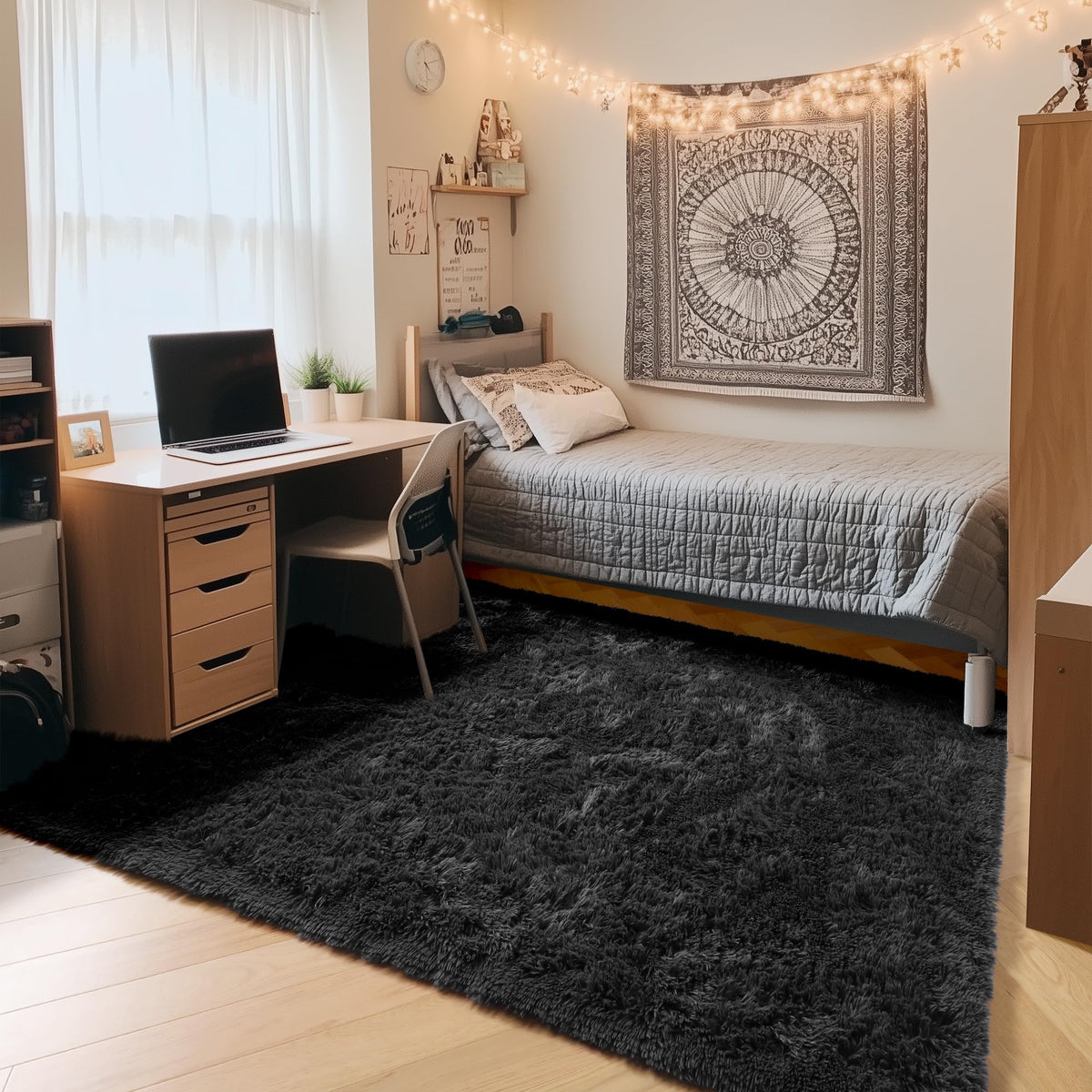 Area Rugs for Bedroom Living Room, 4x6 Fluffy Grey and Black Geometric Rug