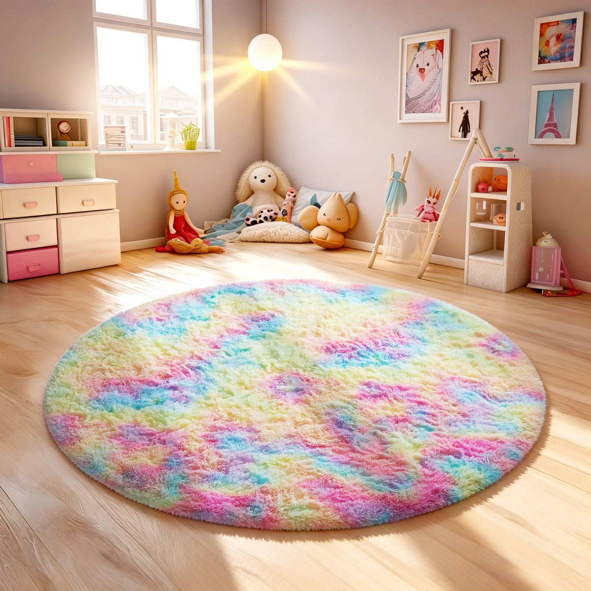 Ophanie Round Rugs 5Ft Ivory Circle Area Rug,Baby Nursery Living Room Bedroom Decor Circular Carpet 5 Foot,Fluffy Fuzzy Shag Plush Cream for Kids Boys Girls Teen with Over 99 pcs Pile fibers
