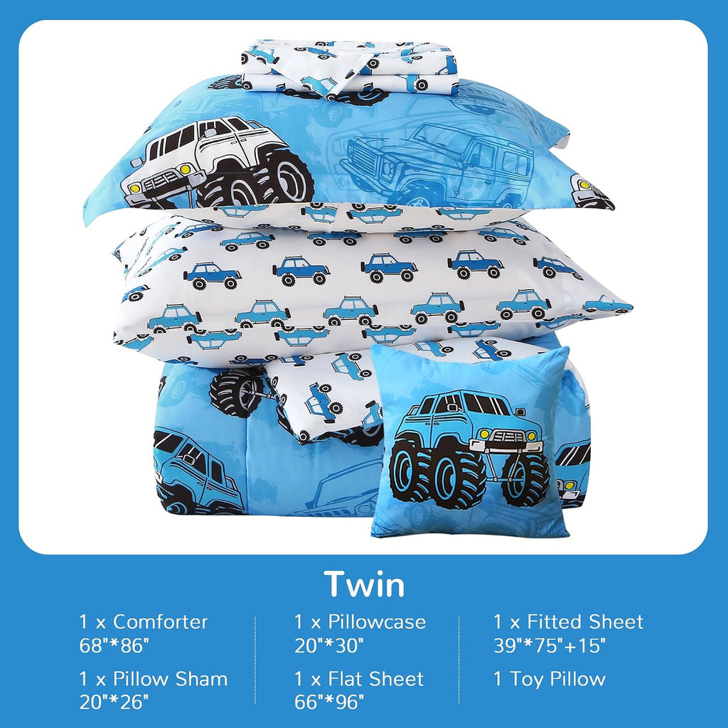 Mooreeke Kids Twin Comforter Sets for Boys 6 Pieces Truck Blue Bedding Set for Teens Soft Microfiber Kids Bed in A Bag with Comforter, Sheet Set, Shams and Decorative Toy Pillow All Season