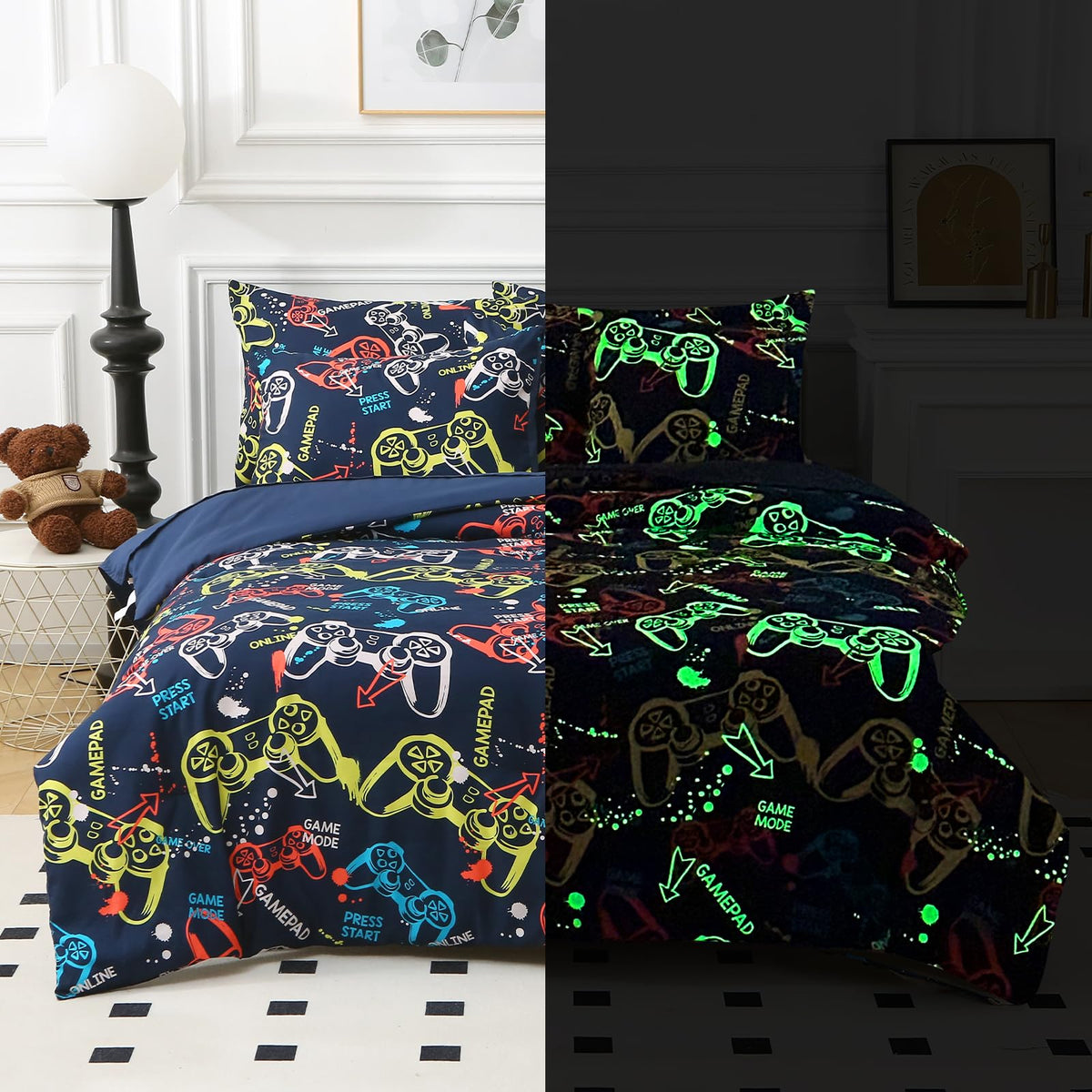 Glow in The Dark Kids Comforter Set, 3 Pieces Blue Space Bedding Set Twin Size for Boys Girls Teen, 1 Comforter, 1 Pillowcase, 1 Pillow Sham