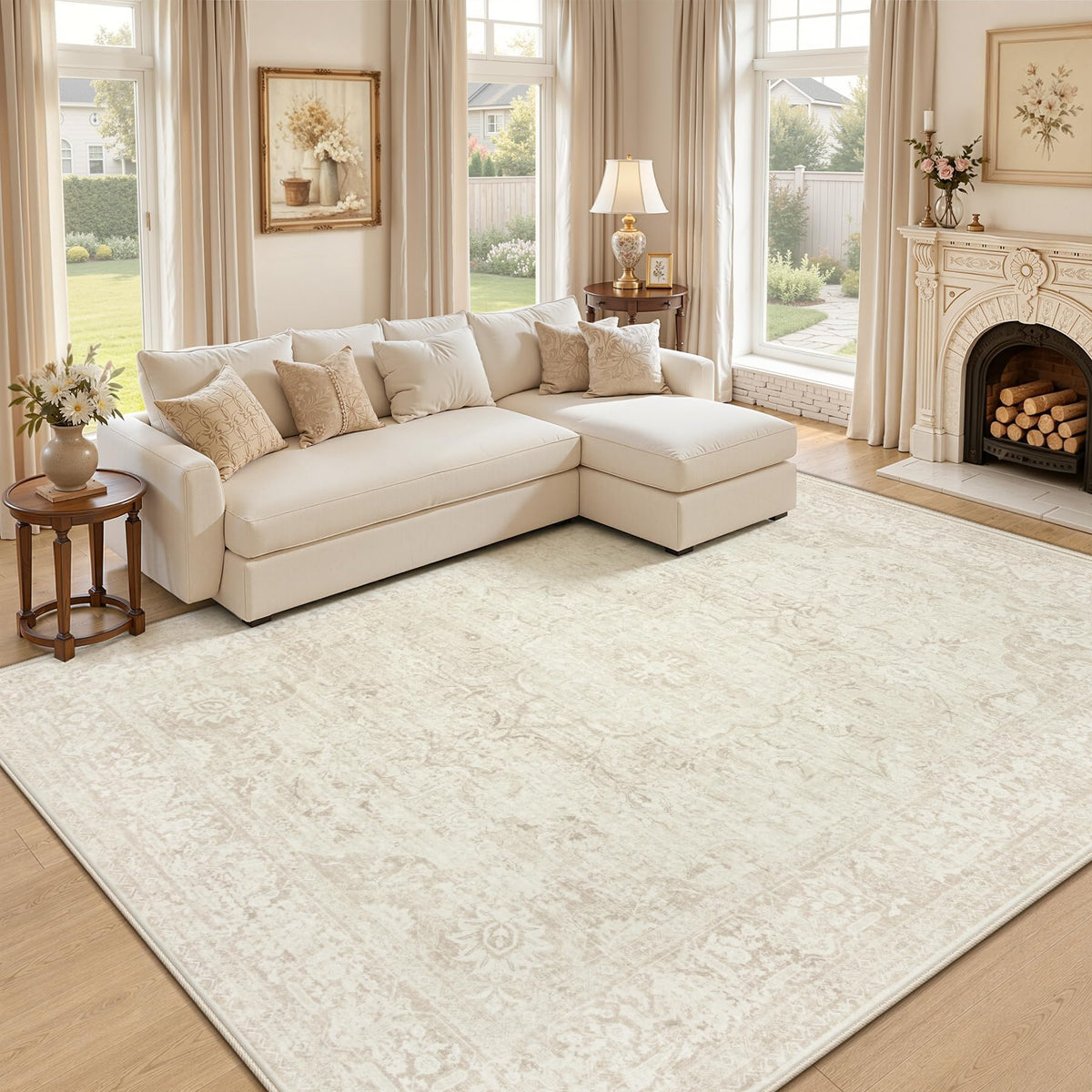 5x7 Area Rugs for Living Room: Washable Boho Vintage Floral Rug Soft Non-Slip Rugs Stain Resistant Low Pile Indoor Carpet for Bedroom Dining Room Nursery Playroom Beige