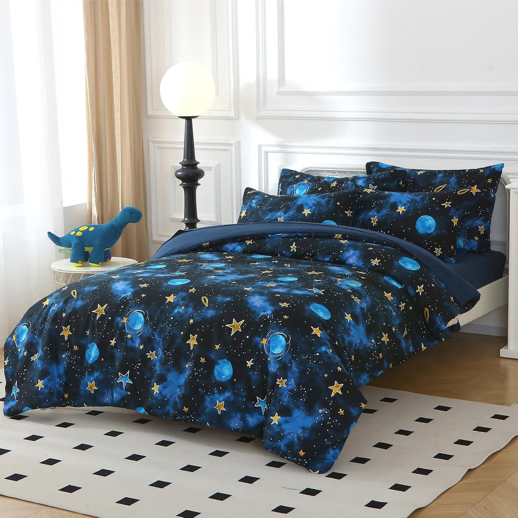 Glow in The Dark Kids Comforter Set, 3 Pieces Blue Space Bedding Set Twin Size for Boys Girls Teen, 1 Comforter, 1 Pillowcase, 1 Pillow Sham