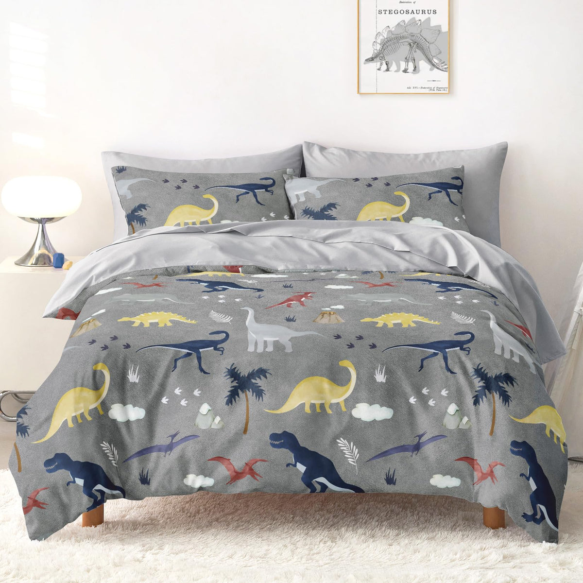 Wake In Cloud - Dinosaur Bedding Set for Boys, Cute Colorful Dinosaur Dino, Soft Lightweight Comforter Set with Sheets, 5 Pieces Kids Bed in a Bag, Dark Green, Twin Size