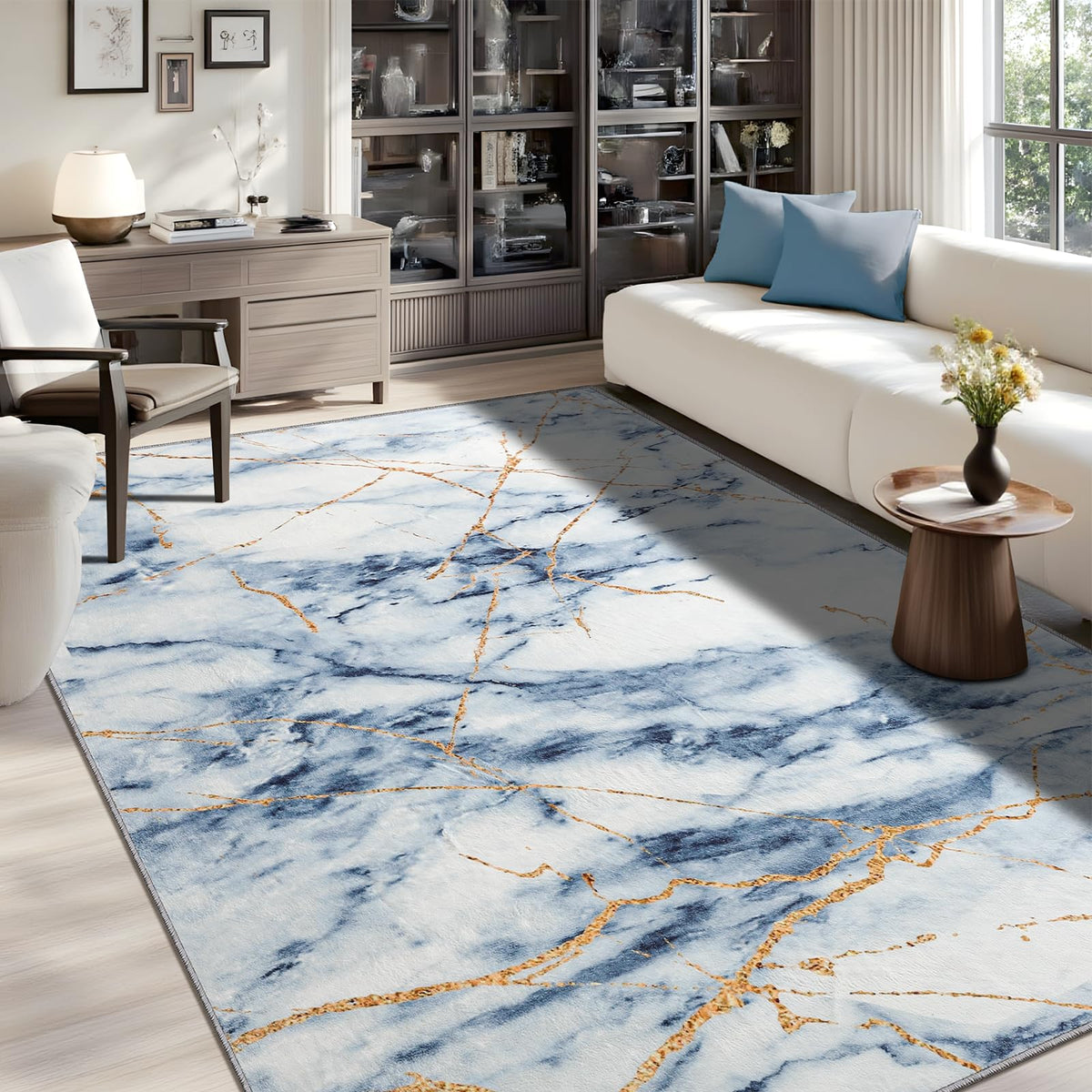 CRYPTOLITE Abstract Area Rug Washable Rug with Non-Slip Backing Low Pile Area Rugs for Living Room,Bedroom,Dining Room,4x6, Gold&Grey