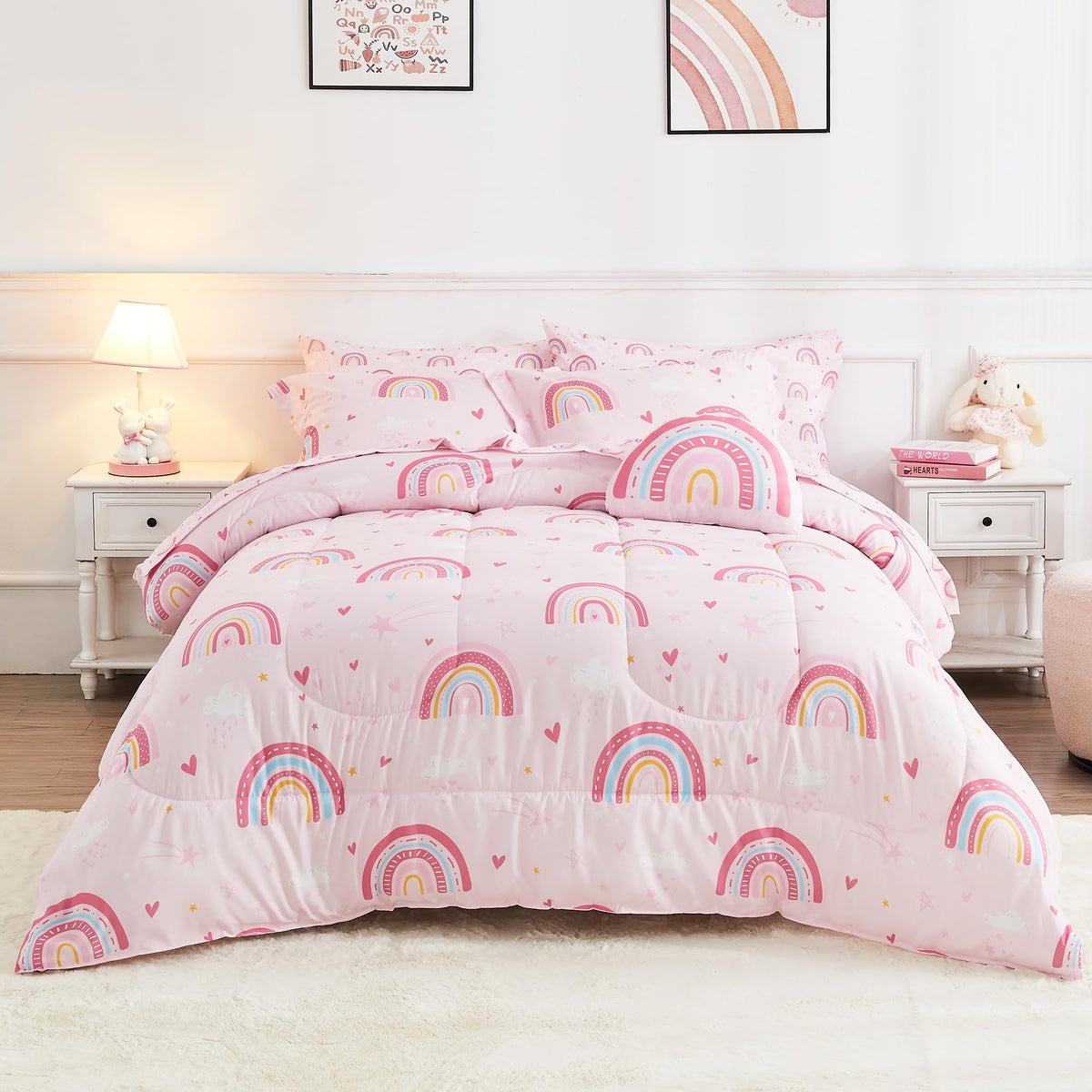 Mooreeke Kids Twin Comforter Sets for Girls 6 Pieces Pink Unicorn Bedding Set for Teens Soft Microfiber Kids Bed in A Bag with Comforter, Sheet Set, Shams and Decorative Toy Pillow All Season
