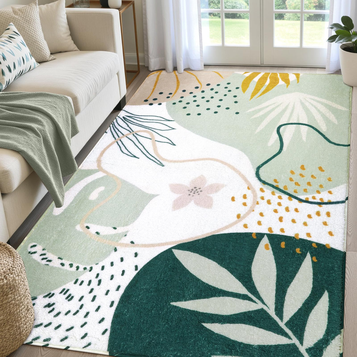 Lahome Pink Boho Nursery Rug 4x6, Washable Non Slip Soft Botanical Area Rug for Girls Bedroom Kids Room Playroom Dorm Apartment Decor