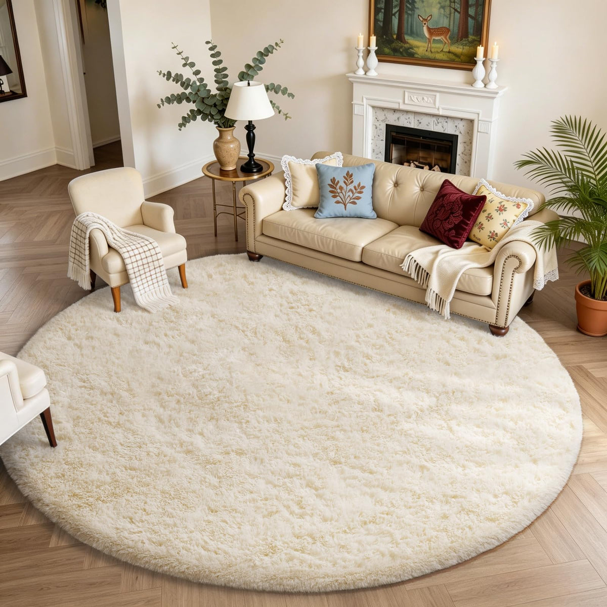 Ophanie Round Rugs 5Ft Ivory Circle Area Rug,Baby Nursery Living Room Bedroom Decor Circular Carpet 5 Foot,Fluffy Fuzzy Shag Plush Cream for Kids Boys Girls Teen with Over 99 pcs Pile fibers