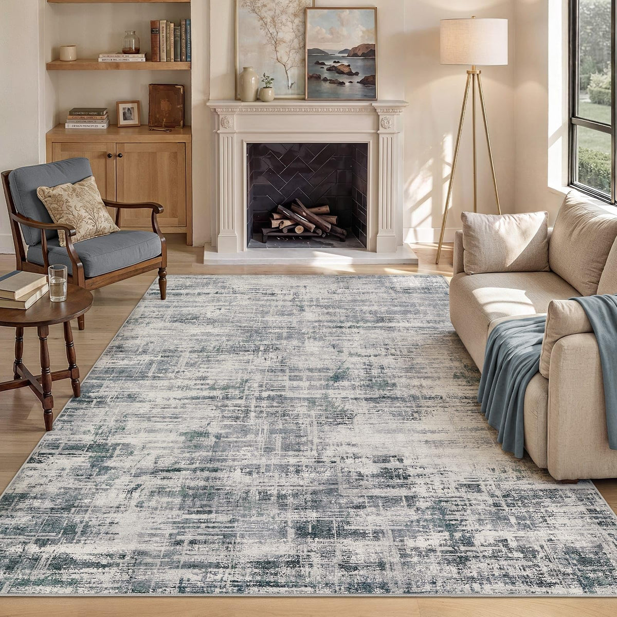 UERMEI 6x9 Area Rug for Living Room Washable Abstract Blue Brown Carpet