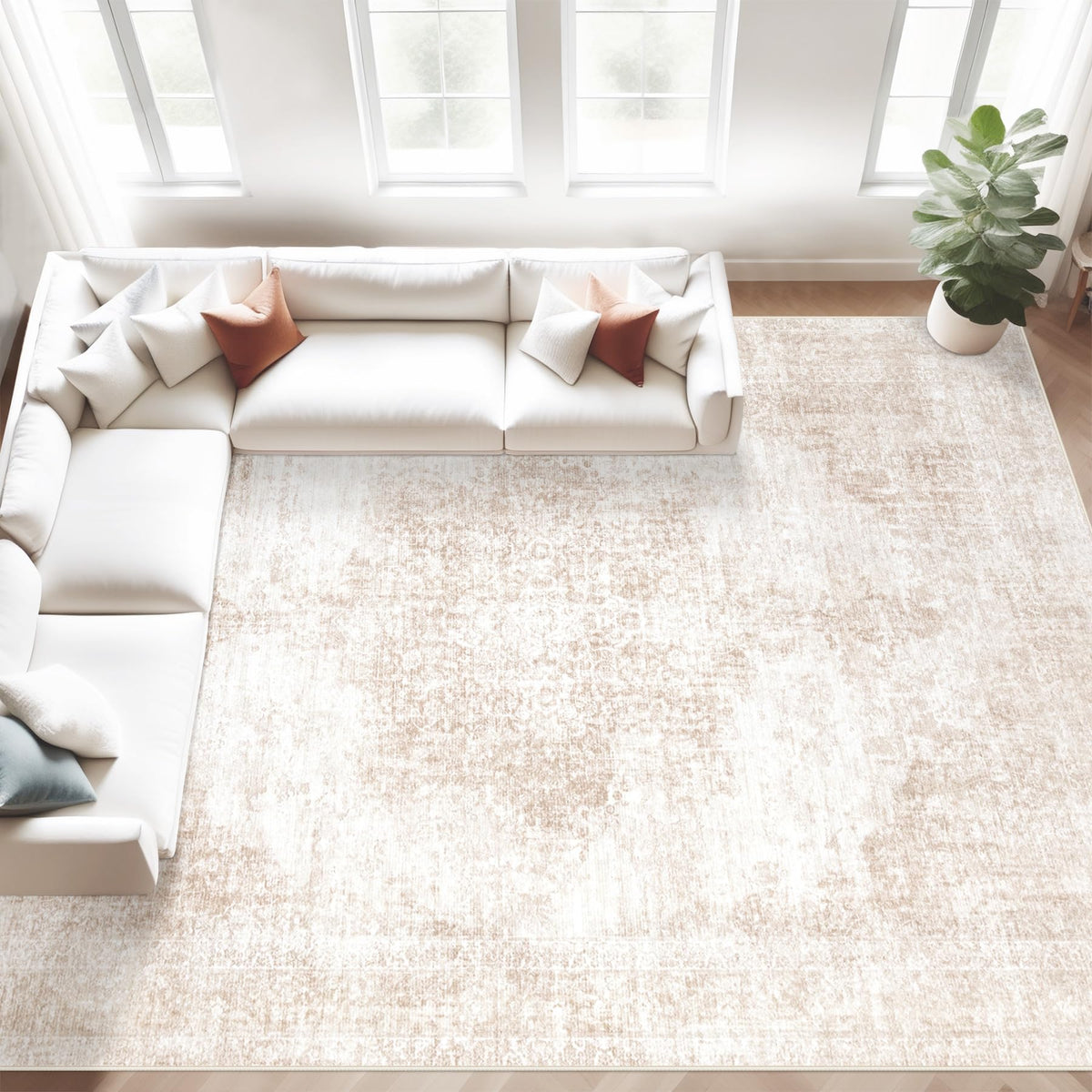 Area Rug 5x7 Vintage Rugs: Washable Living Room Rug Retro Medallion Distressed Large Rug Soft Low Pile Non-Slip Rugs Indoor Floor Carpet for Bedroom Kitchen Nursery Dining Table Office (Beige/Brown)