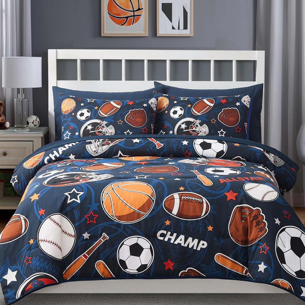Twin Comforter Set for Boys-5 Pieces Ball Glow in the Dark Bedding Set