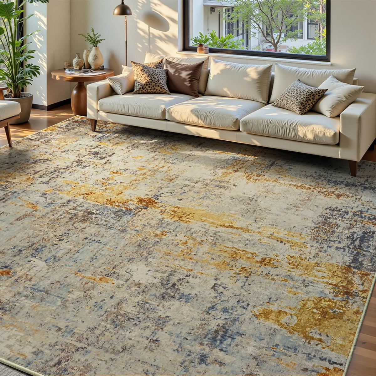 Living Room Rug 5x7 Gray Area Rug Machine Washable Boho Rug Non Slip Abstract Vintage Indoor Large Rugs for Bedroom, Classroom, College Dorm, Farmhouse, Dining Room, Kids Playroom