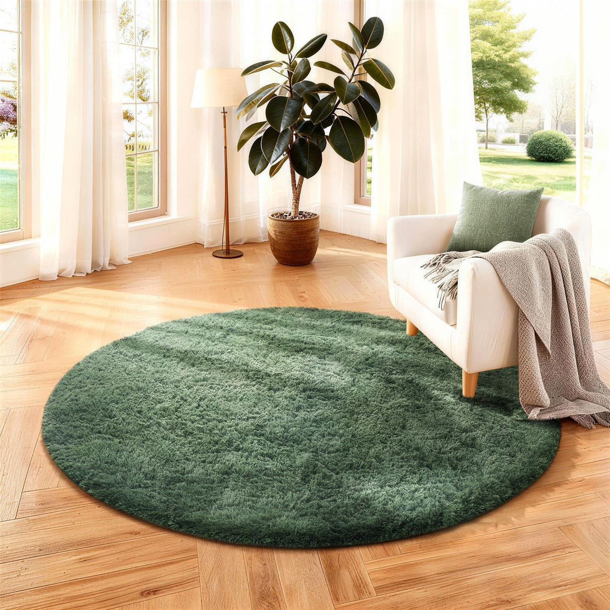Ophanie Round Rugs 5Ft Ivory Circle Area Rug,Baby Nursery Living Room Bedroom Decor Circular Carpet 5 Foot,Fluffy Fuzzy Shag Plush Cream for Kids Boys Girls Teen with Over 99 pcs Pile fibers