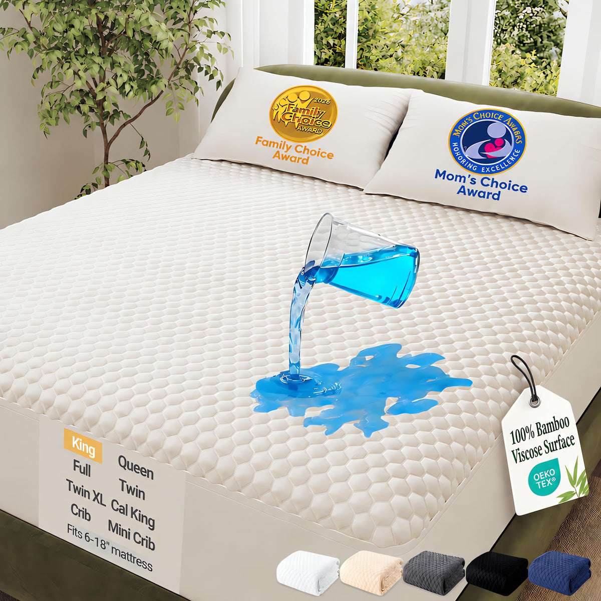 OhGeni Waterproof Mattress Protector,Twin Size Soft Bamboo Viscose Top Layer Pad,3D-Air Fabric Cooling Breathable Fitted Sheets, Washable Bed Cover for Kids Toddler Bedwetting Over 99 Count Hex Bumps