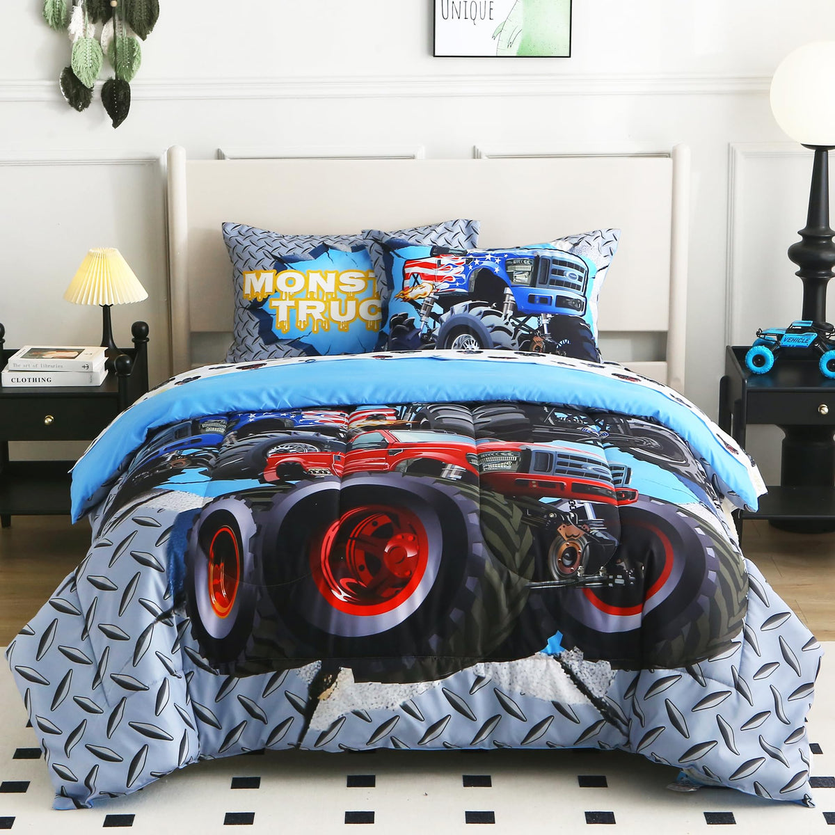 lasoftan Kids' Monster Truck Bedding Set, 7-Piece Soft Fluffy Bed-in-a-Bag with Comforter, Fitted Sheet, Flat Sheet, Pillowcase, Pillow Sham, Deep Pocket 15", All-Season, Monster Jam, Full