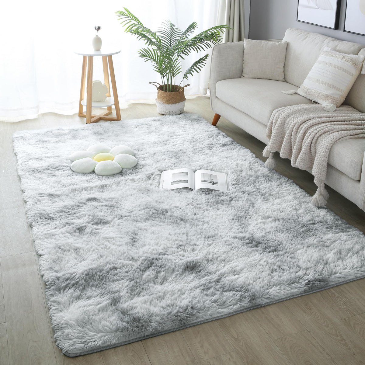 4x6 Light Grey Fluffy Shag Rug for Bedroom, Plush Washable Carpet