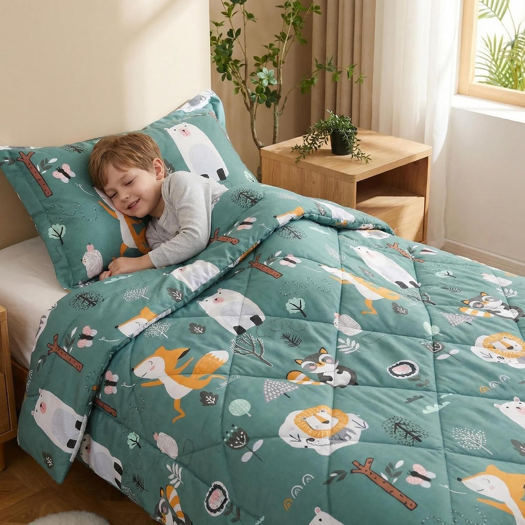 JSD Green Forest Animal Kids Comforter Set Twin Size