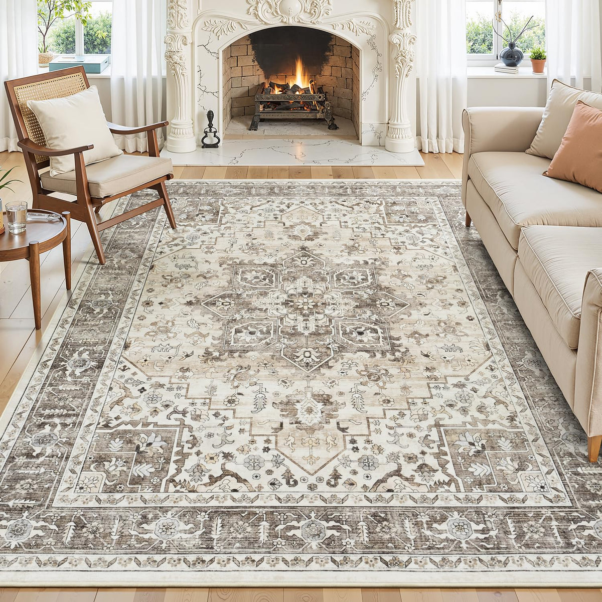 Sage Green 8x10 Area Rug for Living Room, Vintage Boho Large Carpet