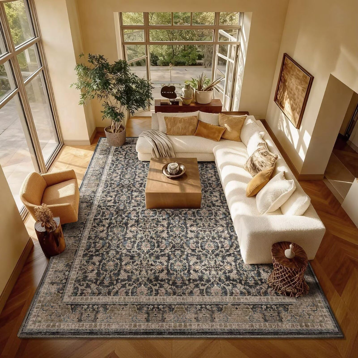 Washable 10x14 Area Rugs for Living Room, Ivory/Sage Gold