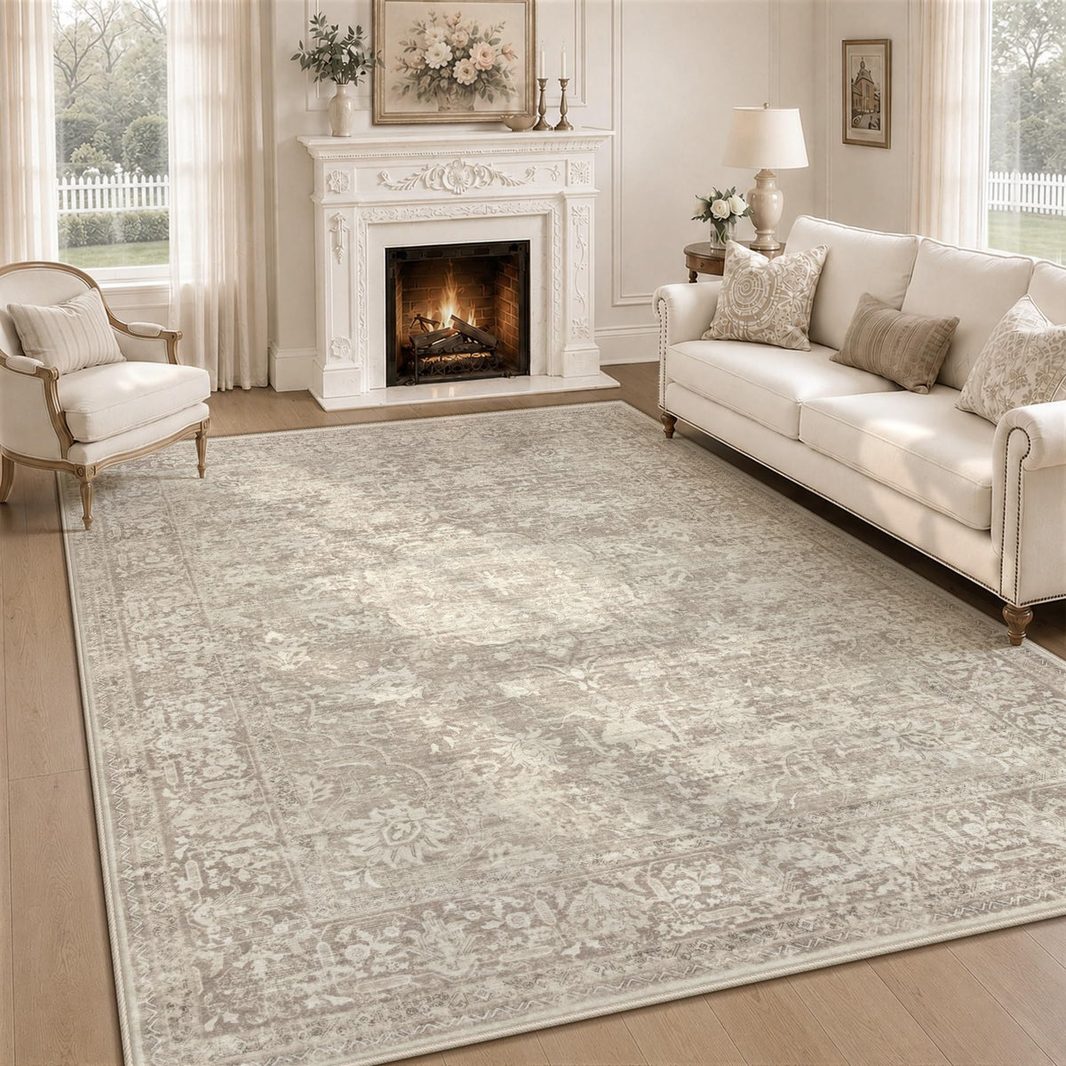 5x7 Area Rugs for Living Room: Washable Boho Vintage Floral Rug Soft Non-Slip Rugs Stain Resistant Low Pile Indoor Carpet for Bedroom Dining Room Nursery Playroom Beige