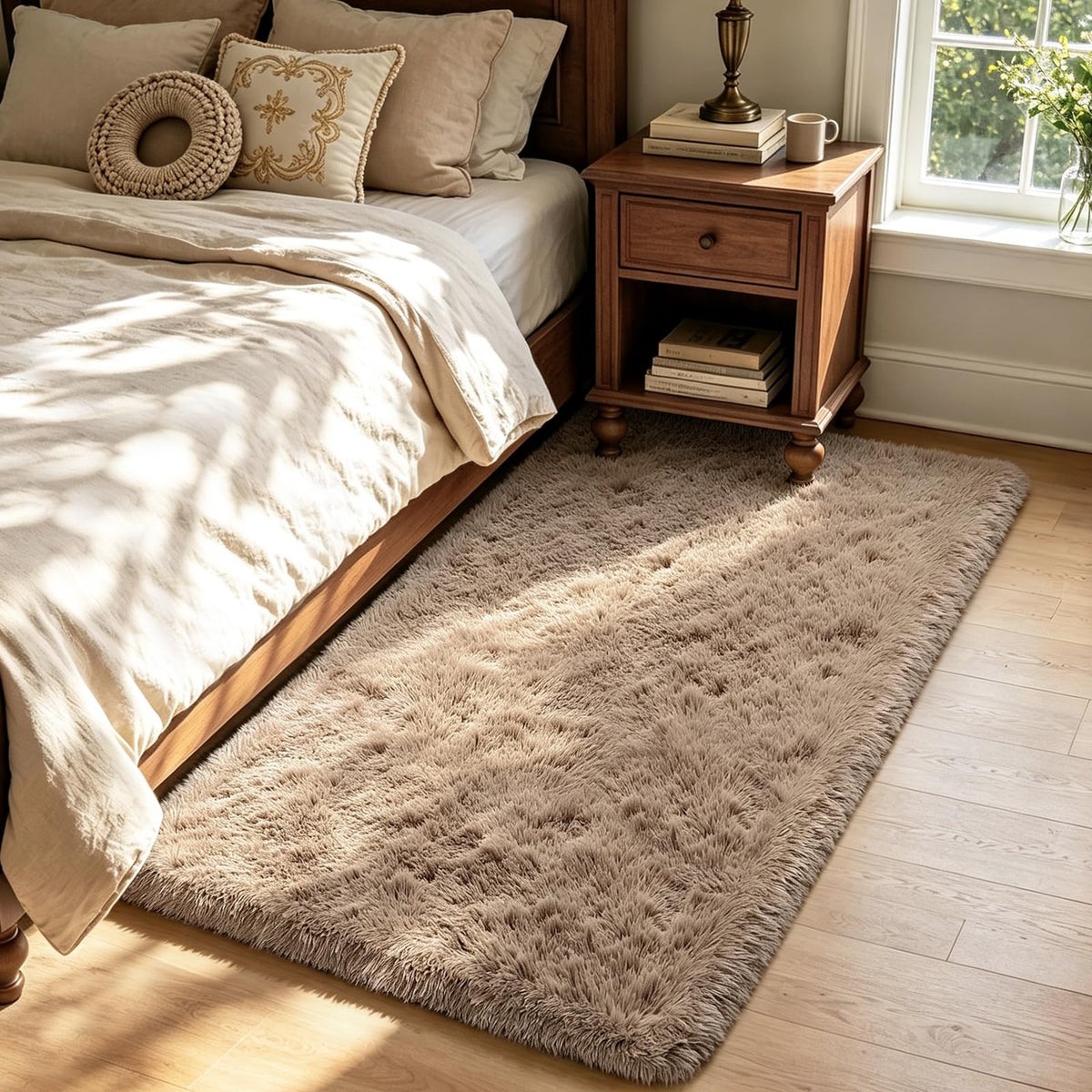 4x6 Beige Rug for Bedroom, Fluffy Shag Area Rug Small Rug Bedroom Carpet