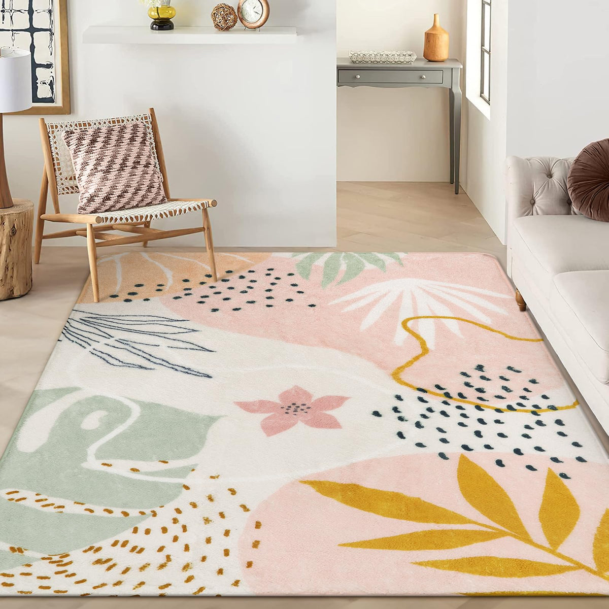 Lahome Pink Boho Nursery Rug 4x6, Washable Non Slip Soft Botanical Area Rug for Girls Bedroom Kids Room Playroom Dorm Apartment Decor