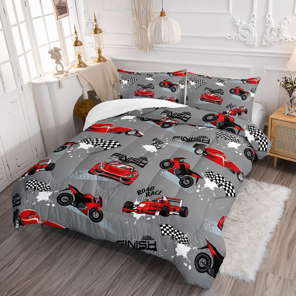 Axolotl Kid Comforter Set Twin Size,Racing Car Bedding Set for Boys Girls Teen Kids Children Racing Gifts,Race Cars Quilt Bed Set with 1 Comforter 2 Pillowcases,Red Grey