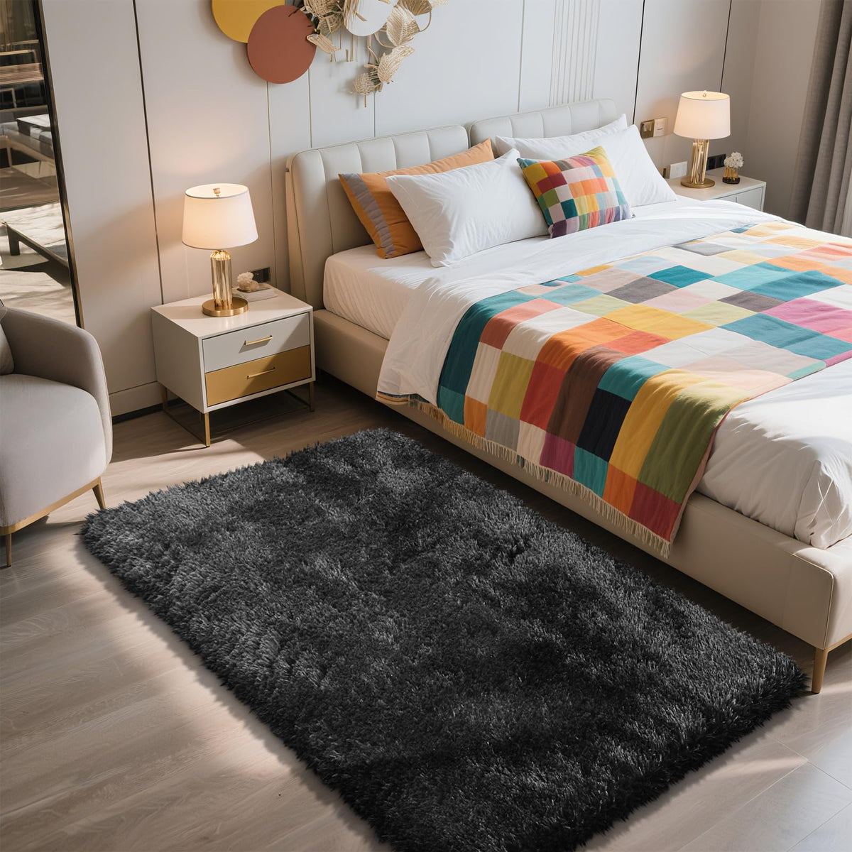5x8 Shag Area Rug for Bedroom,Grey and Black Fluffy Rugs for Living Room