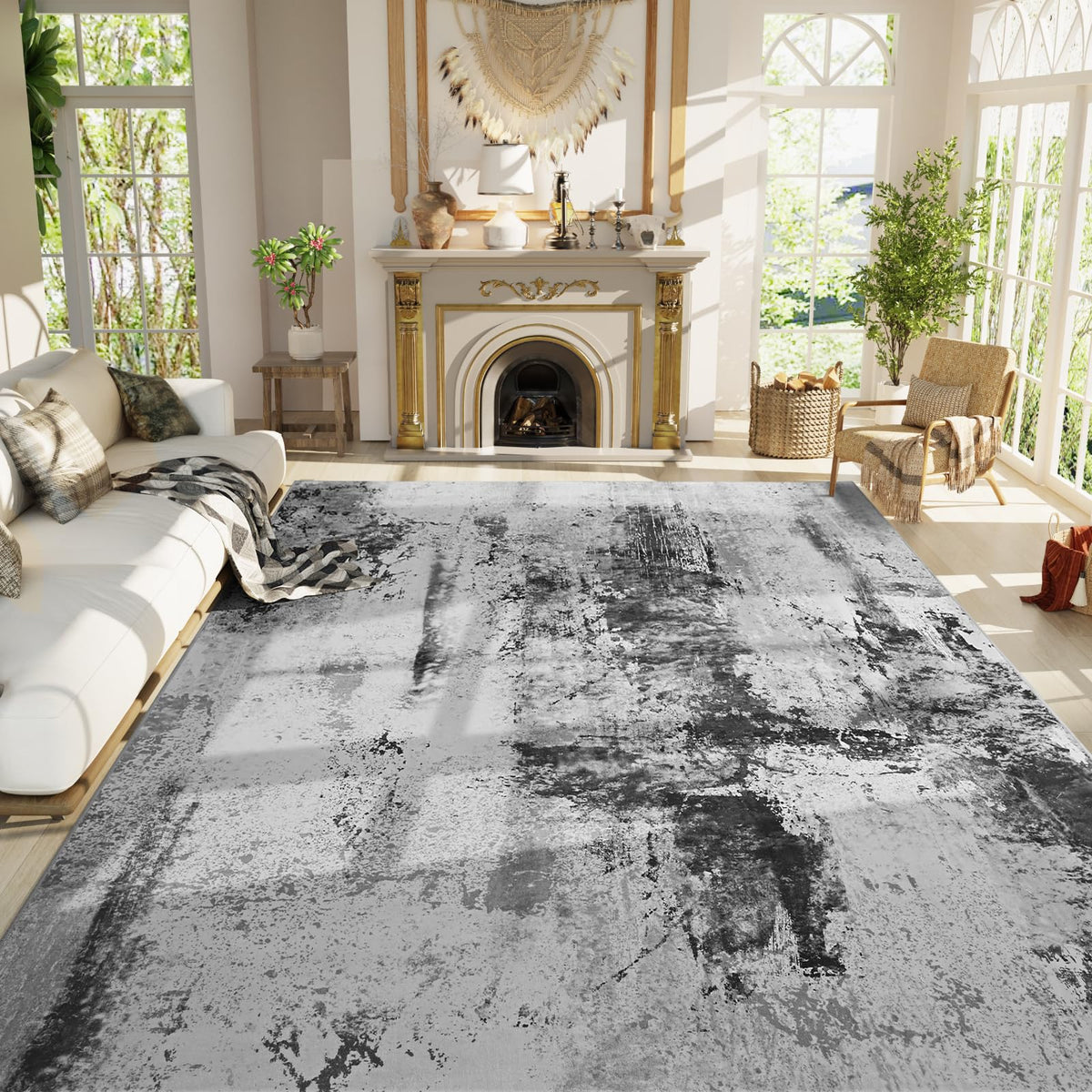 Living Room Rug 5x7 Gray Area Rug Machine Washable Boho Rug Non Slip Abstract Vintage Indoor Large Rugs for Bedroom, Classroom, College Dorm, Farmhouse, Dining Room, Kids Playroom