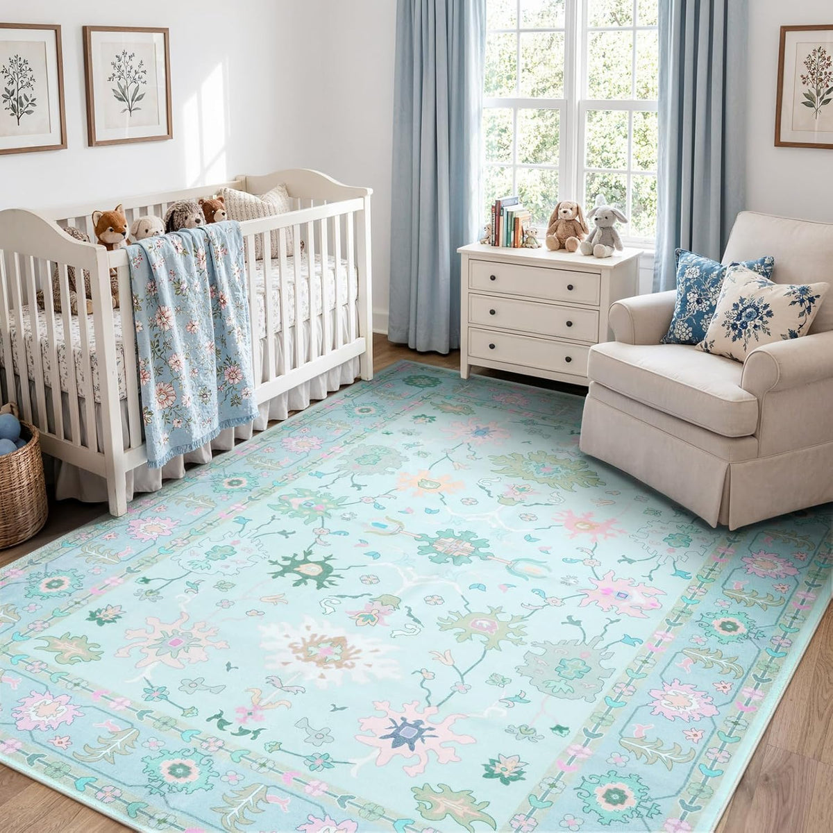 LIVEBOX Washable Oushak Rug Non Slip 8 x 10 Rugs for Living Room, Soft Turkish Rug for Bedroom, Boho Floral Mat Large Indoor Carprt for Kids Nursery, Dining Room, Home Office, Blue