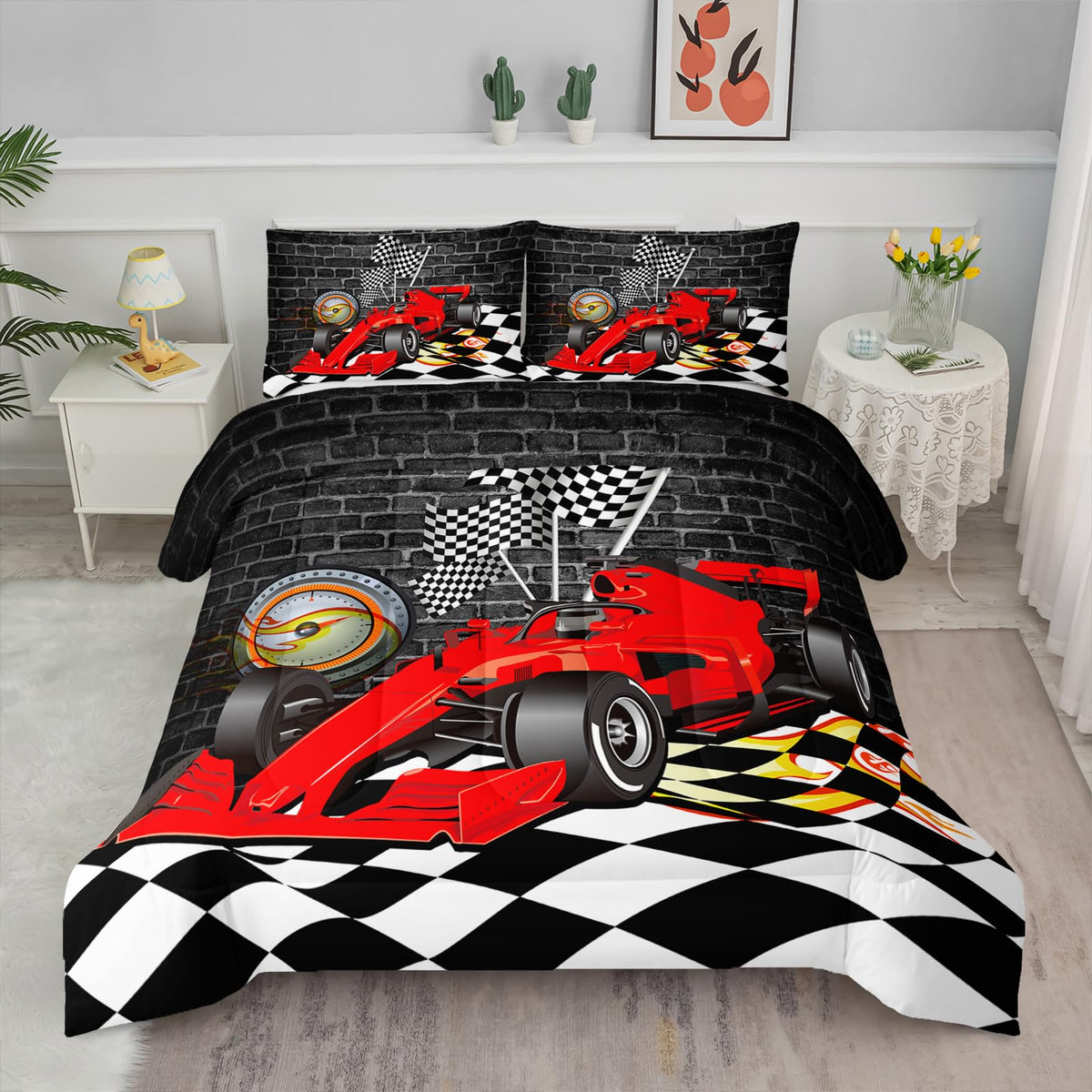 Axolotl Kid Comforter Set Twin Size,Racing Car Bedding Set for Boys Girls Teen Kids Children Racing Gifts,Race Cars Quilt Bed Set with 1 Comforter 2 Pillowcases,Red Grey