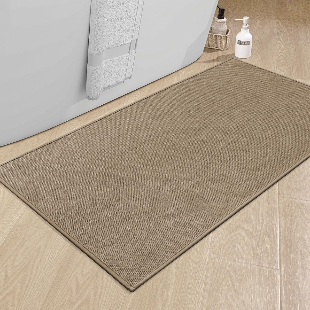 chakme Bathroom Rugs Mat 24x17, Ultra Thin Non Slip Bath Mat Small Quick Dry Absorbent Bath Mat for Bathroom Floor, (Dark Beige, 24"x17")