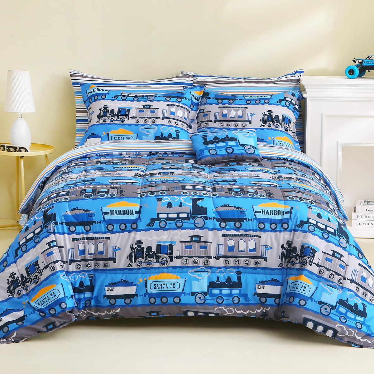 Mooreeke Kids Twin Comforter Sets for Boys 6 Pieces Truck Blue Bedding Set for Teens Soft Microfiber Kids Bed in A Bag with Comforter, Sheet Set, Shams and Decorative Toy Pillow All Season
