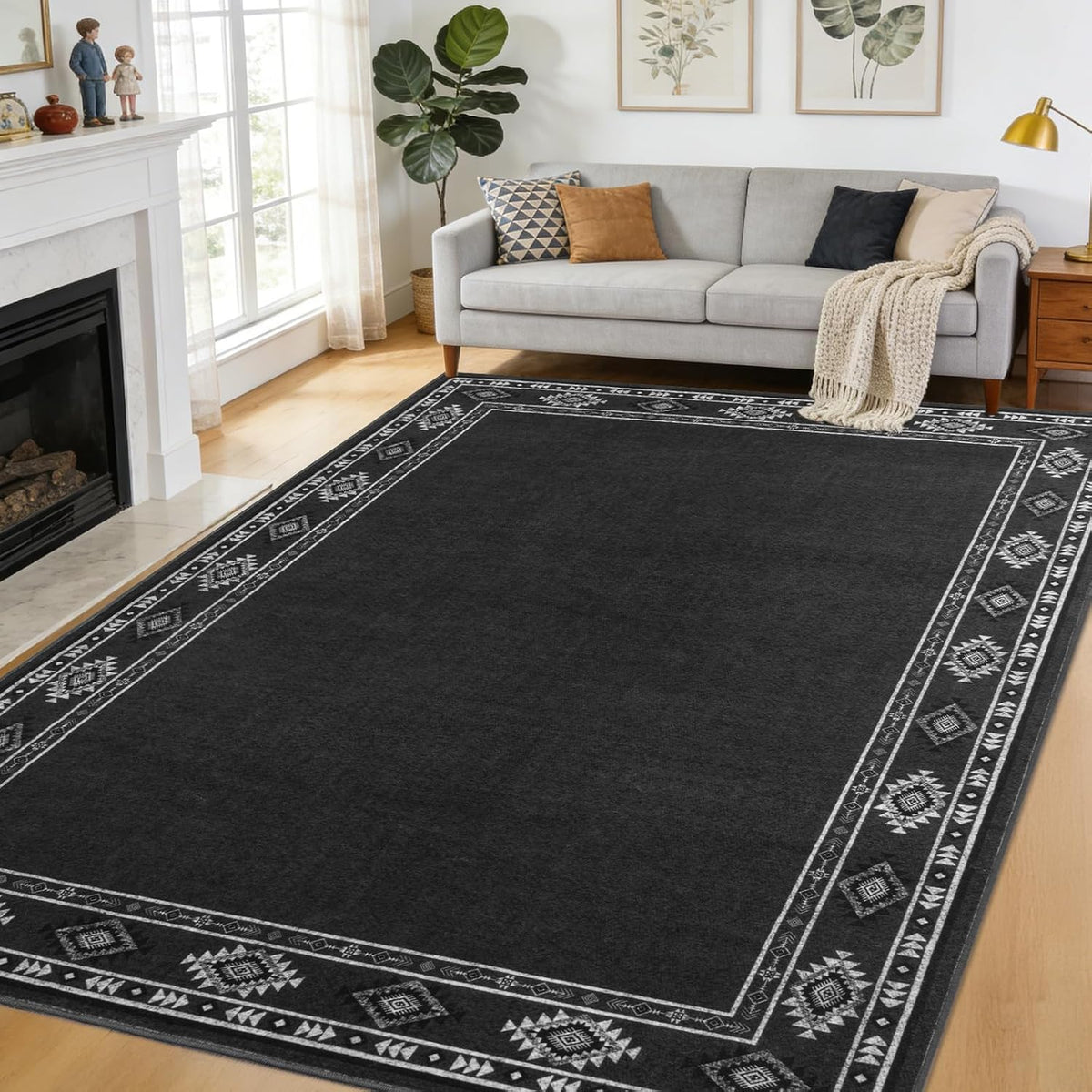 Large Geometric Area Rugs for Living Room Bedroom 4x6 Dark Grey Rug