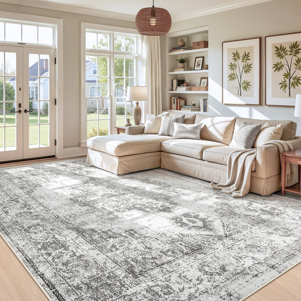 Area Rug 5x7 Vintage Rug: Washable Indoor Medallion Rugs Low Pile Distressed Floor Carpet Retro Accent Rug for Living Room Bedroom Kitchen Dining Table Home Office(Beige, 5'x7')