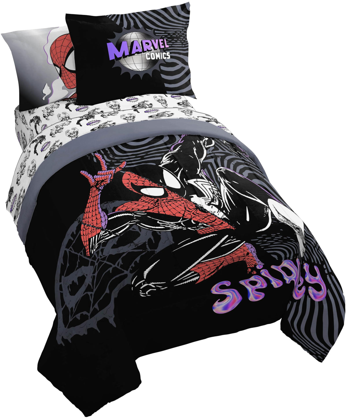 Jay Franco Kids Comforter Set Includes Sheets and Pillow Covers - Soft and Cozy Bed Set for Stylish Room Decor, Official Licensed Bedding, Black - Spiderman, 5 Piece Twin