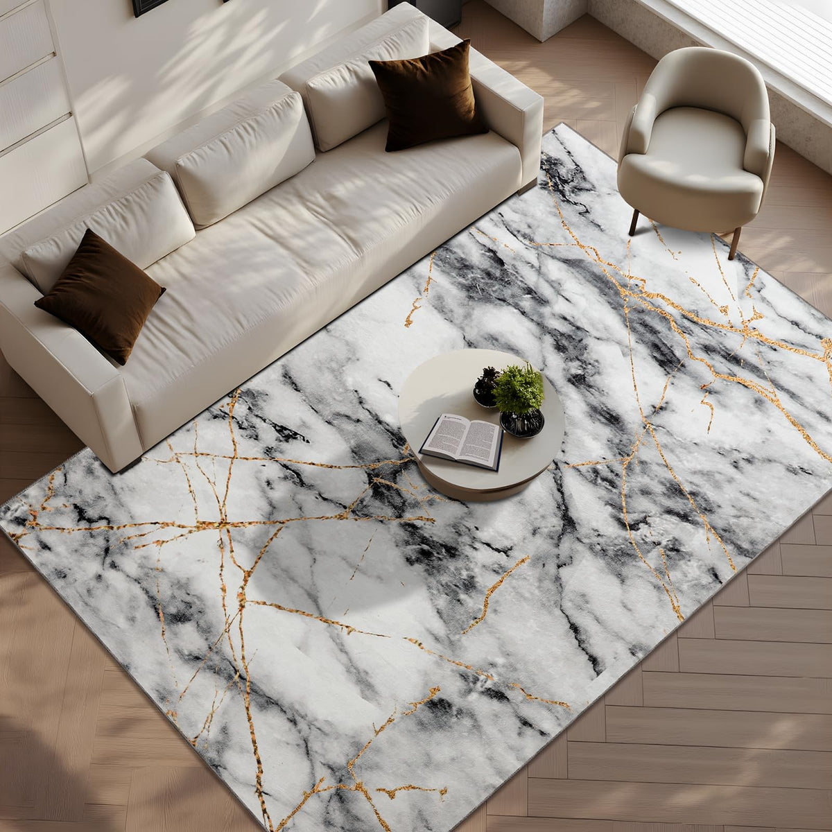 CRYPTOLITE Abstract Area Rug Washable Rug with Non-Slip Backing Low Pile Area Rugs for Living Room,Bedroom,Dining Room,4x6, Gold&Grey