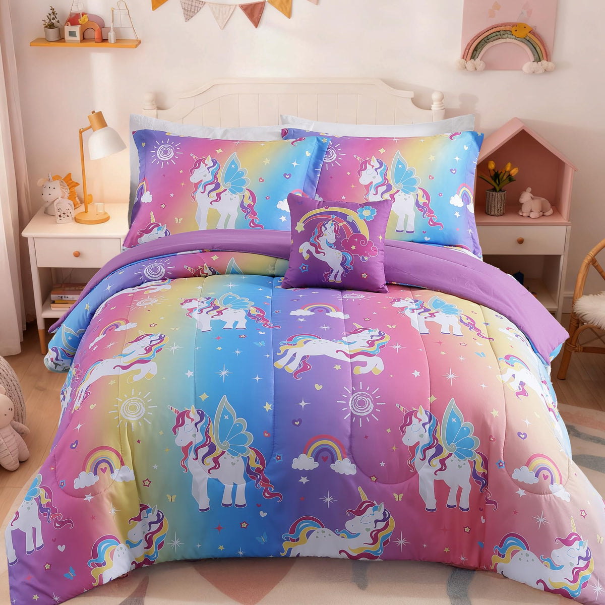 Twin Comforter Set for Girls - 3 Pieces Pink Rainbow Twin Bedding Sets