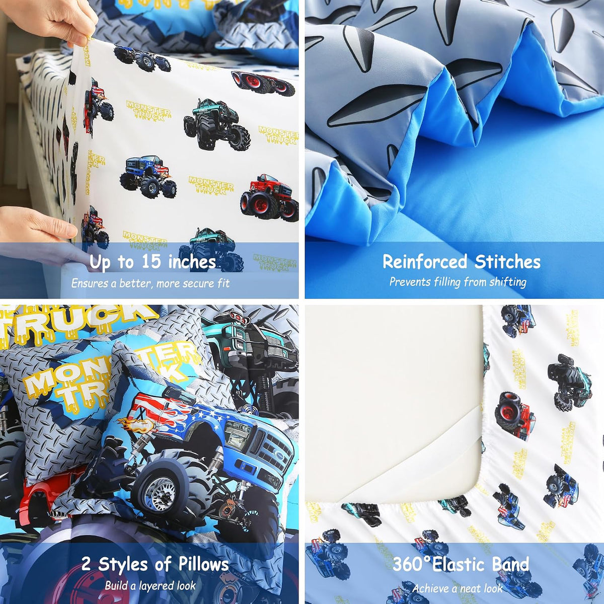 lasoftan Kids' Monster Truck Bedding Set, 7-Piece Soft Fluffy Bed-in-a-Bag with Comforter, Fitted Sheet, Flat Sheet, Pillowcase, Pillow Sham, Deep Pocket 15", All-Season, Monster Jam, Full