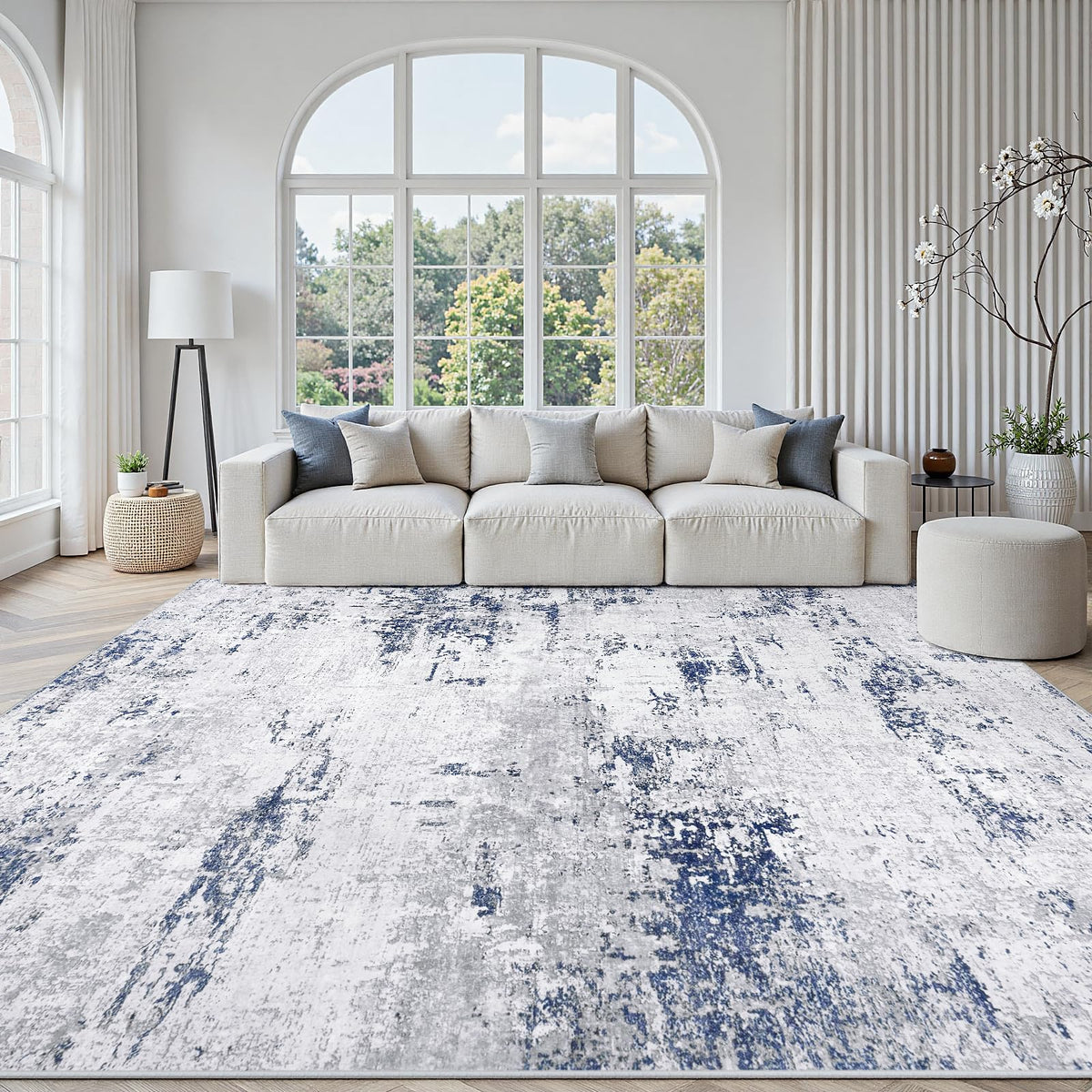 5x7 Area Rugs for Living Room Large Washable Abstract Rug White Gray Blue
